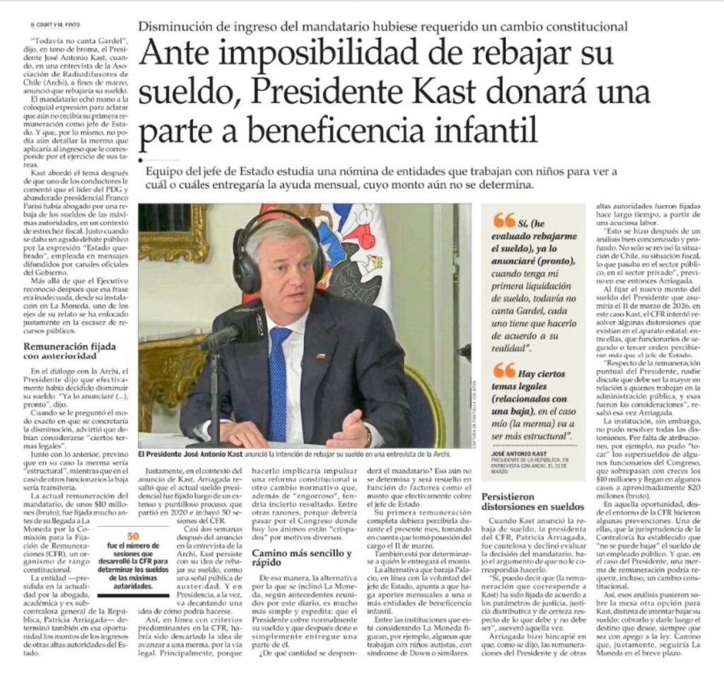 donación sueldo Presidente Kast – Implicancias legales de la reducción salarial