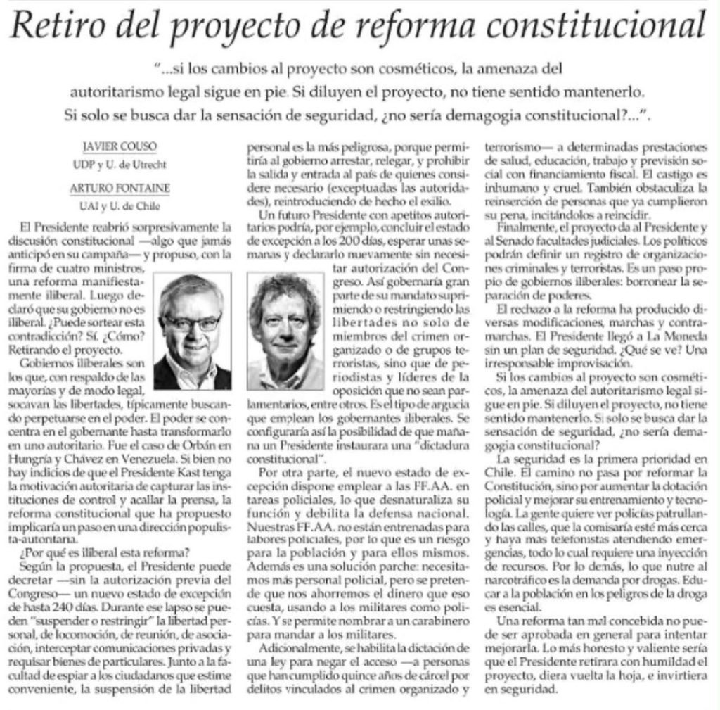 Columna de Javier Couso y Arturo Fontaine sobre telefonistas de emergencia y reforma constitucional