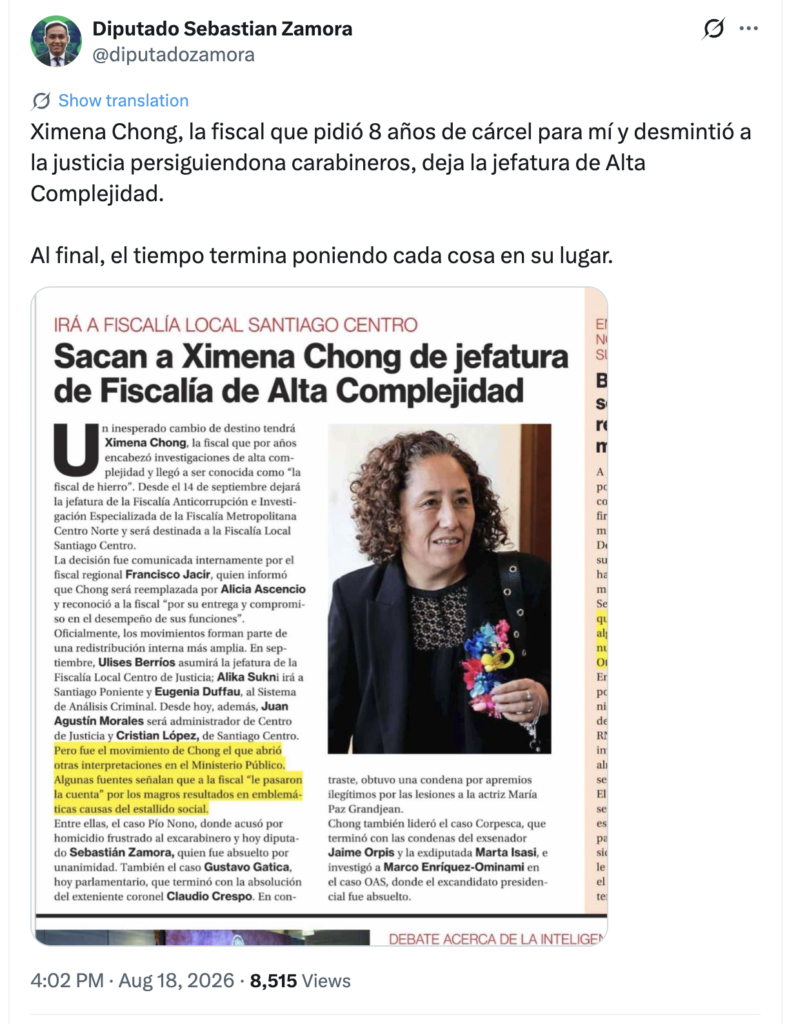 Fiscal Ximena Chong deja la jefatura de la Fiscalía de Alta Complejidad Centro Norte