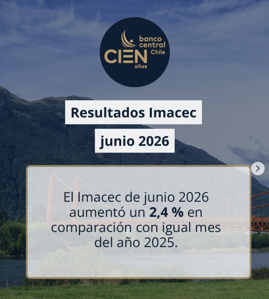 Imacec junio 2026: recesión técnica fuera por el momento, economía al alza de 2,4% informada por el Banco Central de Chile
