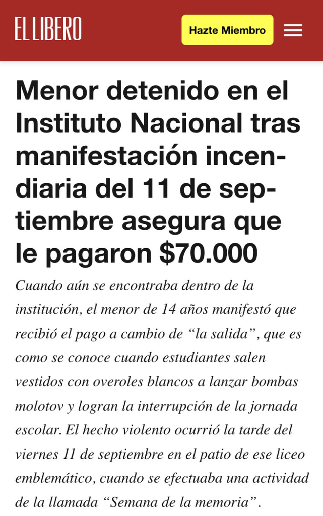 menor detenido en el Instituto Nacional le pagaron $70.000